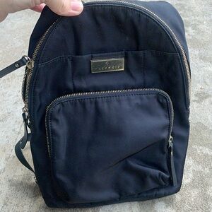 Allancia black slim backpack, great features exc used black nylon gold details